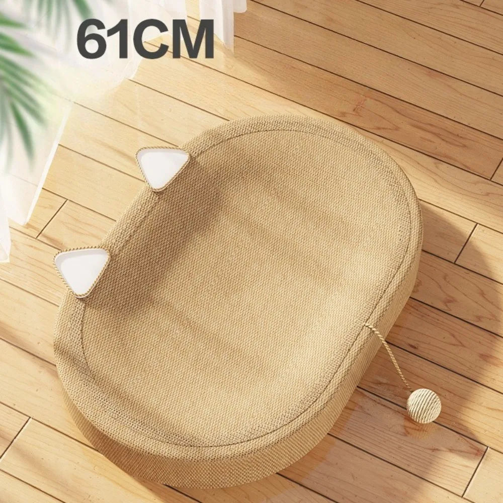 tapis gratter chat forme tête oreilles velours tressé blanc beige jouet ficelle repose chat