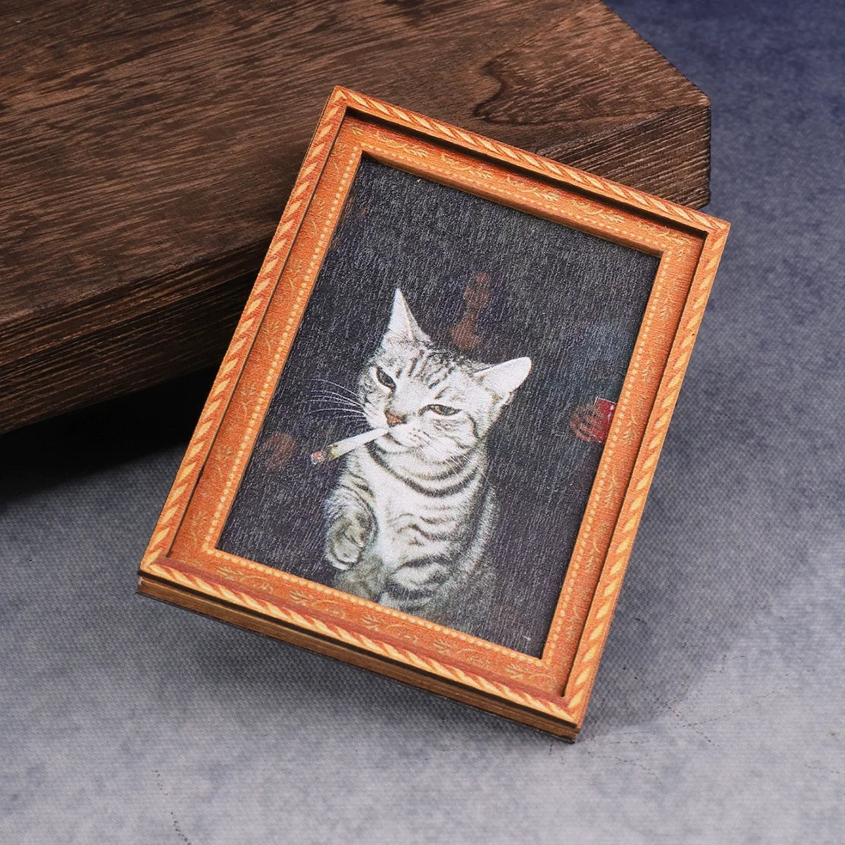 aimant réfrigérateur chat tabby cigarette cadre orange artiste réalisme vintage