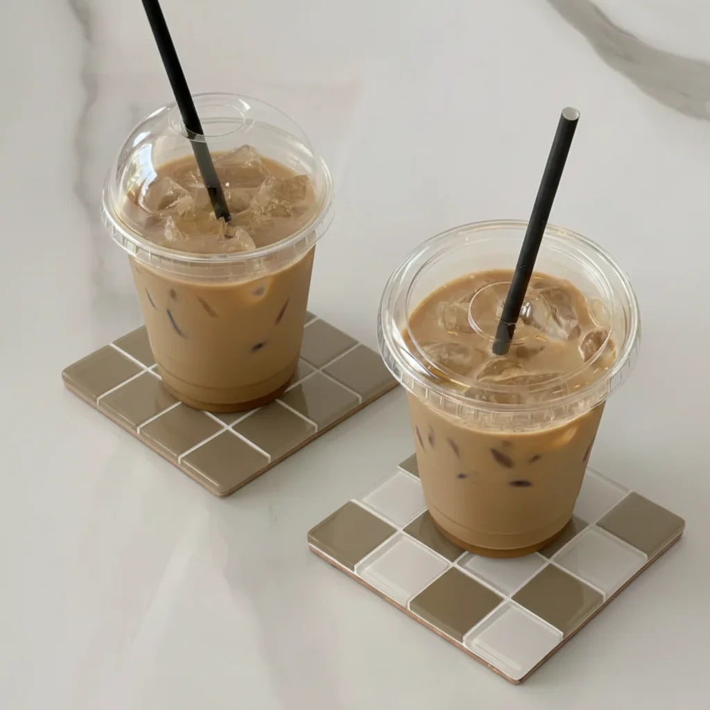 coasters verre résistant chaleur carreaux géométriques couleur rouge vert beige bleu noir jaune rose