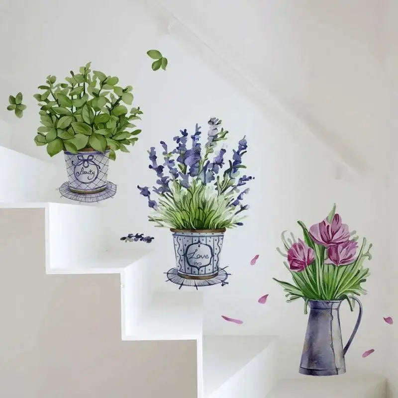 stickers muraux fleurs pots décoration moderne vert bleu violet blanc adhésif illustration salon chambre