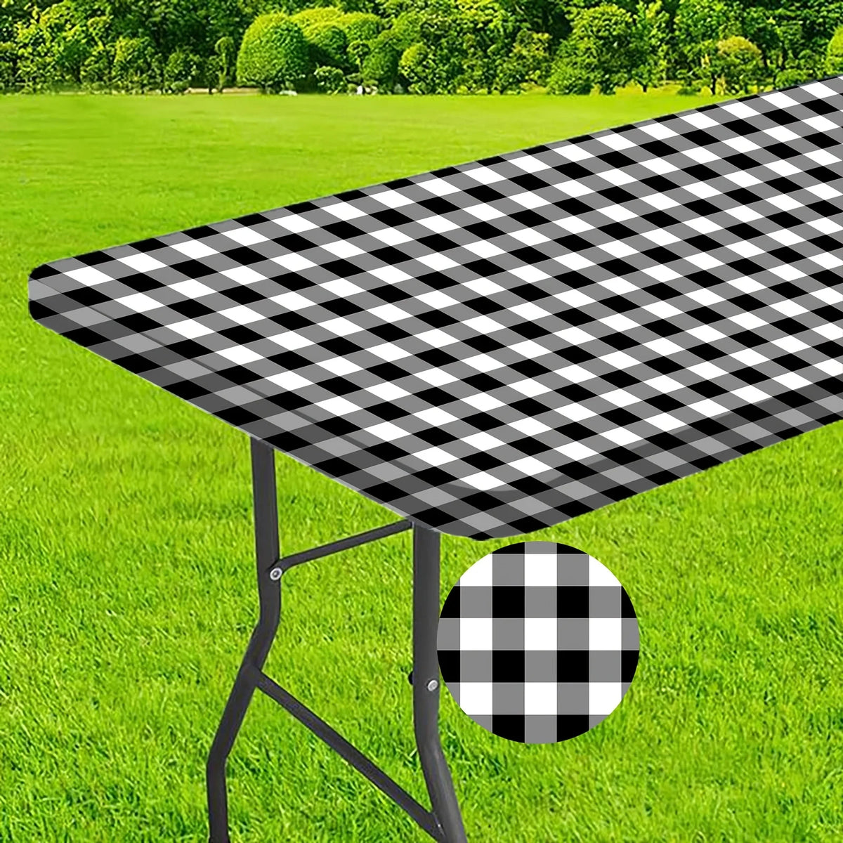 nappe table pliante carreaux diagonaux bleu clair blanc jaune rouge moderne pratique clips métalliques