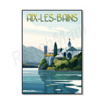 Affiche vintage pittoresque d'Aix-les-Bains, mettant en scène un paysage montagneux avec une église et une tour se reflétant dans un lac bleu turquoise.
