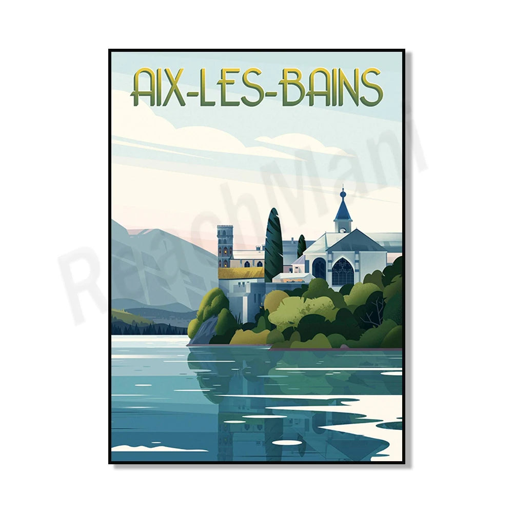 Affiche vintage pittoresque d'Aix-les-Bains, mettant en scène un paysage montagneux avec une église et une tour se reflétant dans un lac bleu turquoise.
