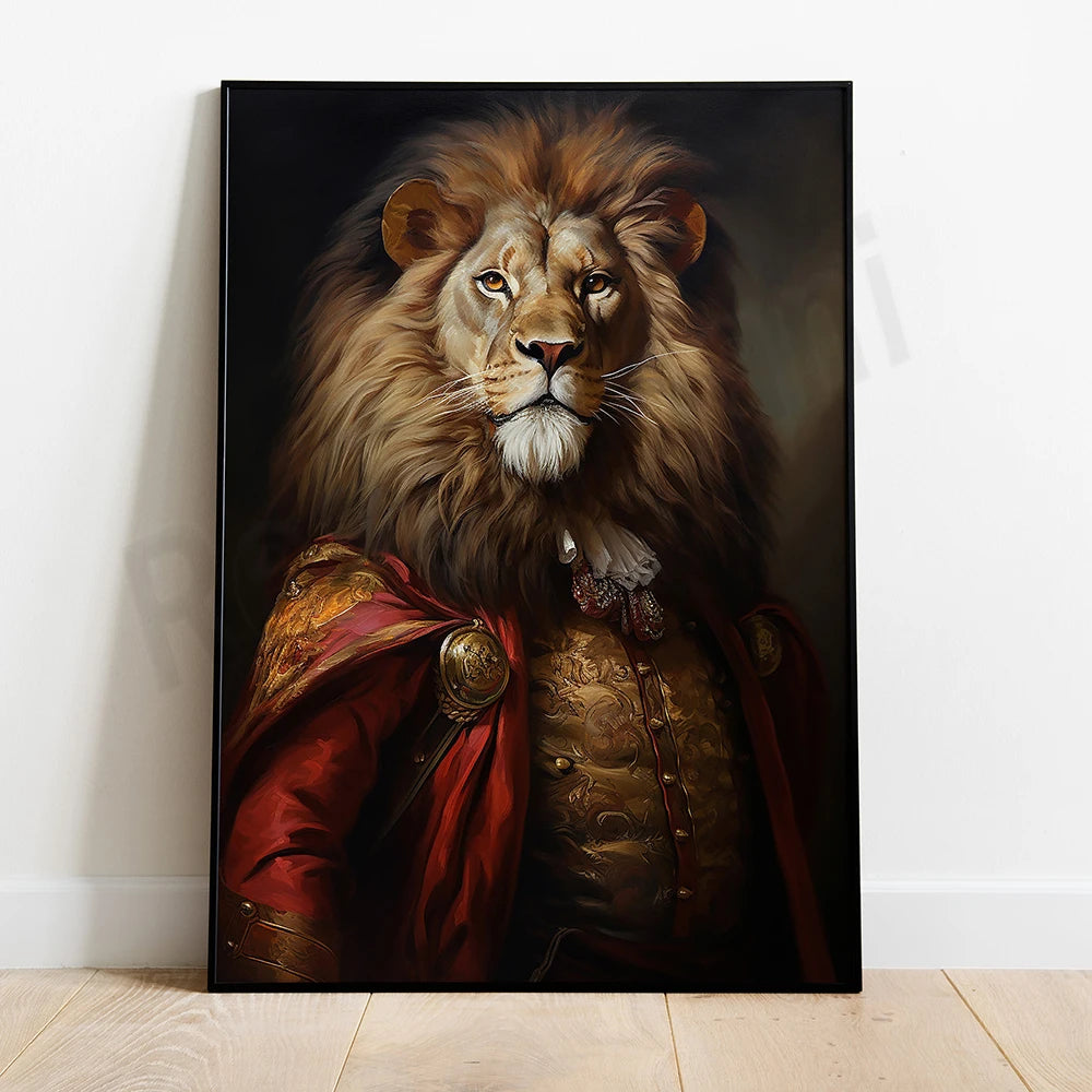 Le portrait d'un majestueux lion vêtu d'un manteau rouge et doré, arborant un regard intense et captivant.