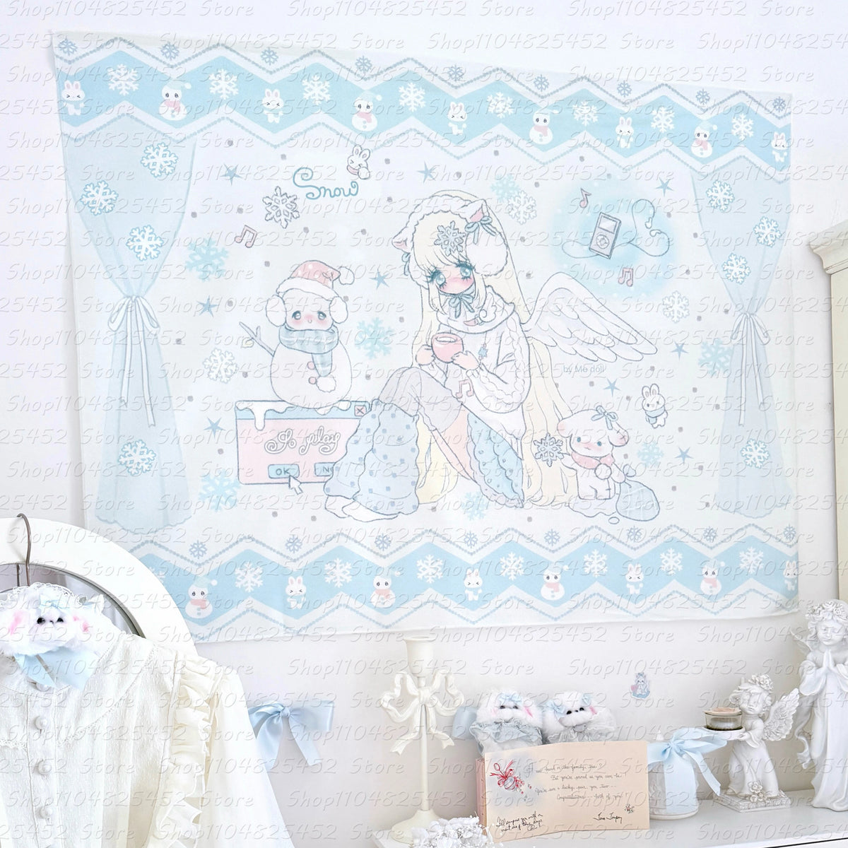 tapisserie d'hiver kawaii angel anime bleu blanc fille anges flocons ours polaires chambre décoration