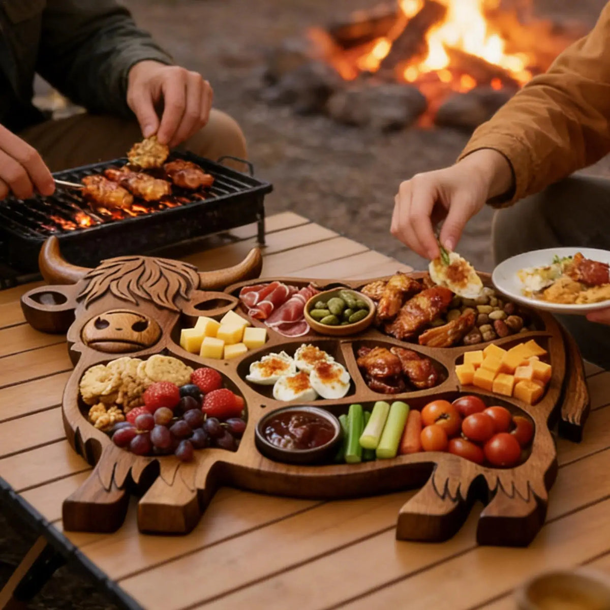 plateau charcuterie bois naturel taureau traditionnel fromage viande fruits légumes sauces