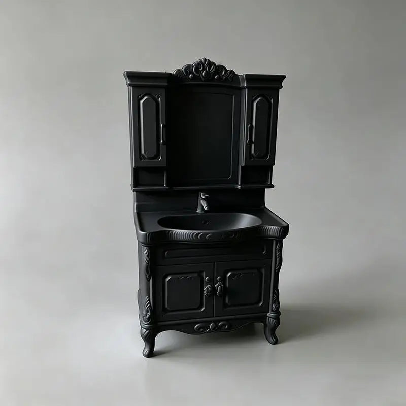 salle bain miniature 12 blanc noir vintage meuble lavabo armoire miroir ornementé accessoires poupée