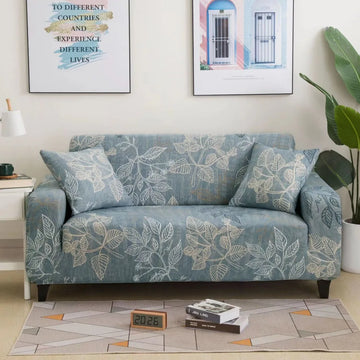 housse canapé moderne motif géométrique bleu gris blanc élastique protection salon tissu polyester