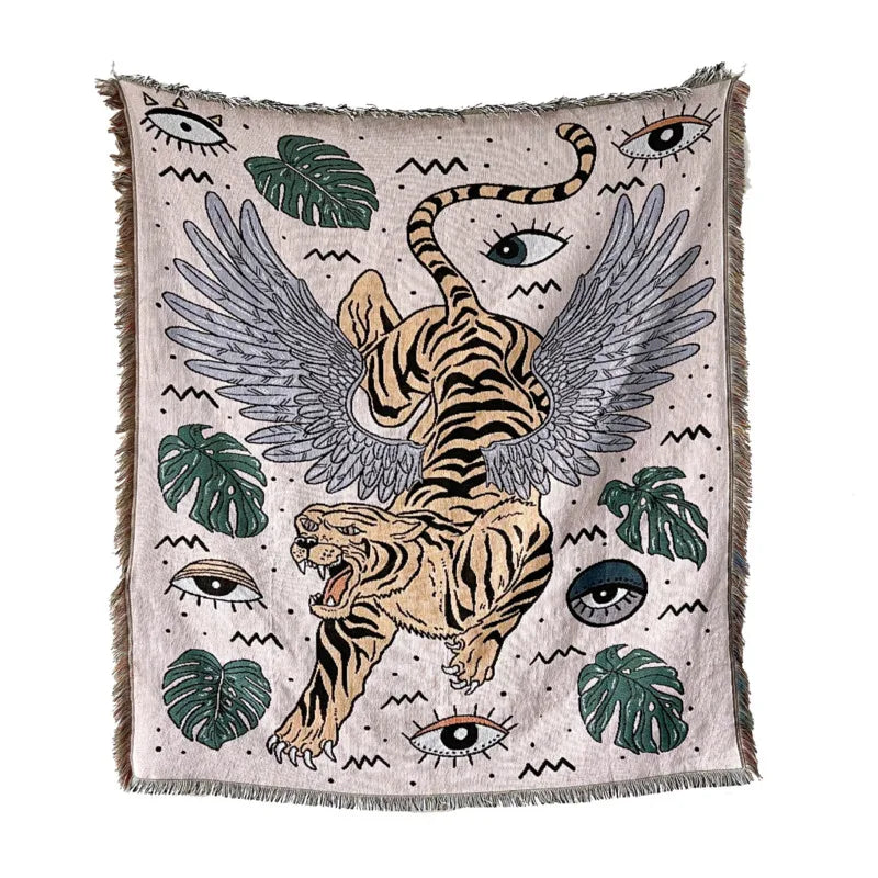 couverture pique nique tigre moderne motif monstera coton gris orange noir vert