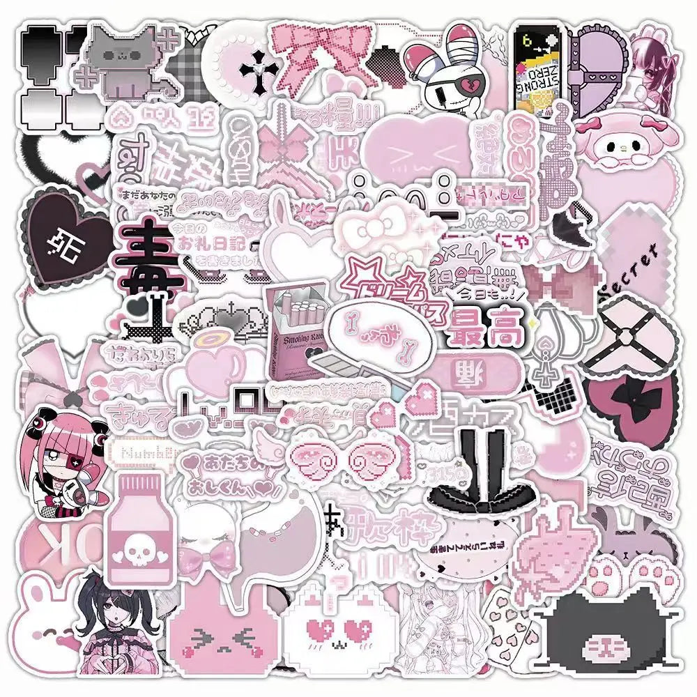 sticker kawaii pixel art rose blanc noir adhésif dessins animés coeurs chats 103pcs