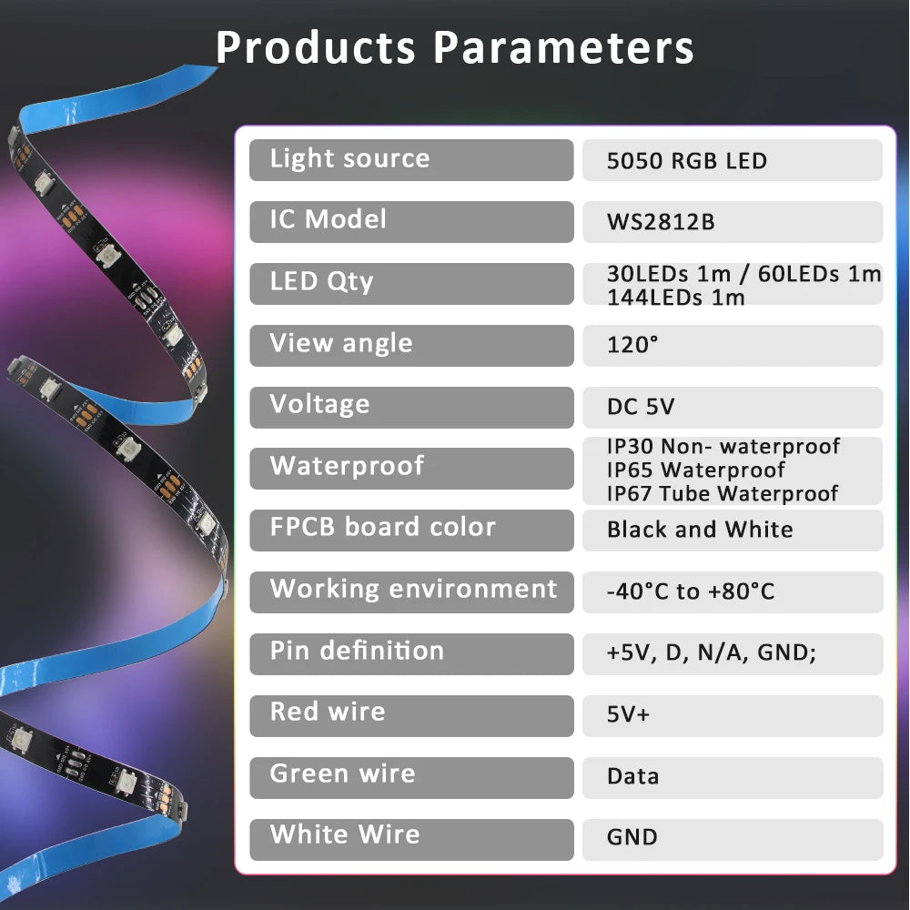 ruban led noir 30pcs rgbic ws2812b ip65 ip67 adhésif double face technologie