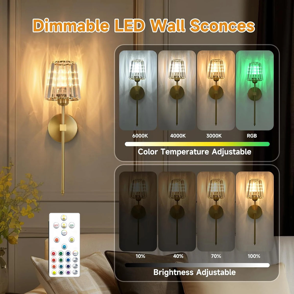 applique murale led or moderne abat jour transparent cristal élégante interrupteur rotatif chambre salon
