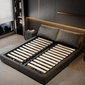 lit double moderne bois gris foncé simili cuir dossier souple chambre coucher
