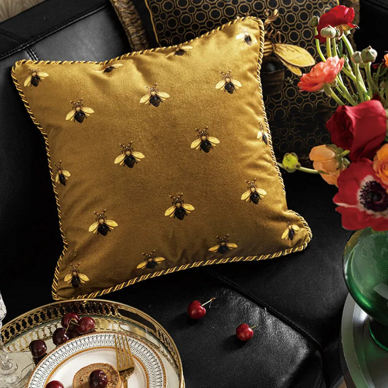 coussin brodé abeilles or élégant tissu polyester carré décoratif lit voiture