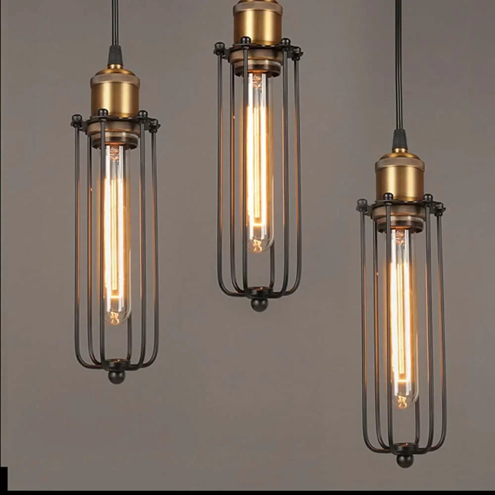 lampe suspendue industrielle vintage noir doré cage métallique ampoule filament transparent opaque