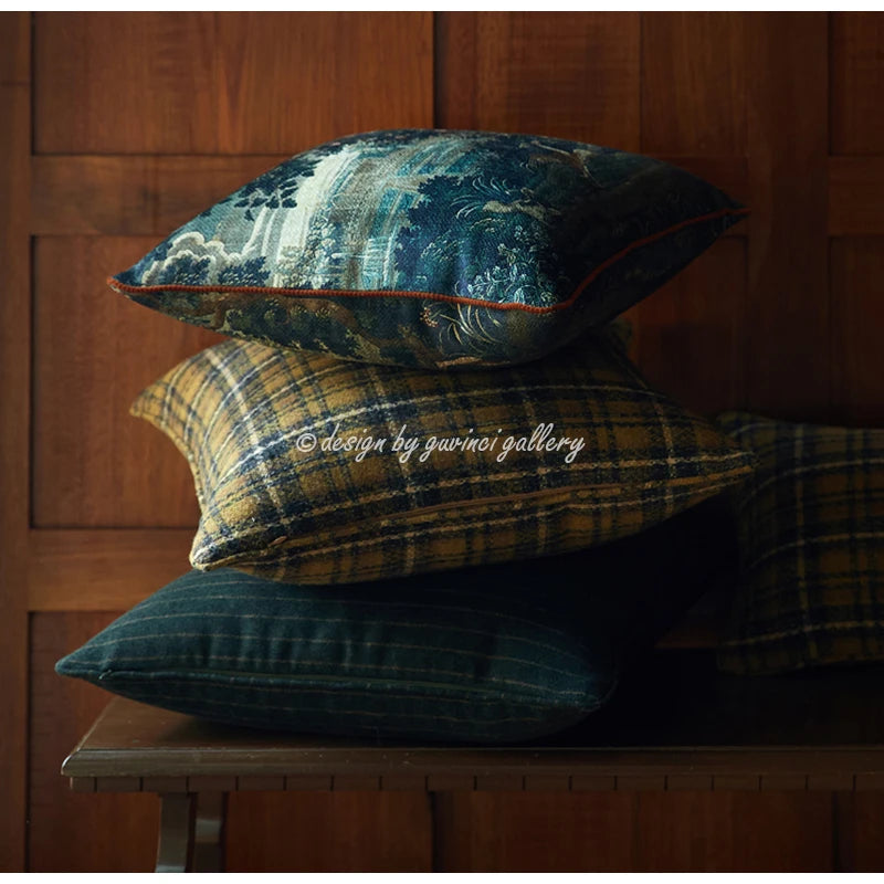 taies d'oreiller jacquard imprimées motif floral paysage vintage bleu vert beige respectueux environnement dimension