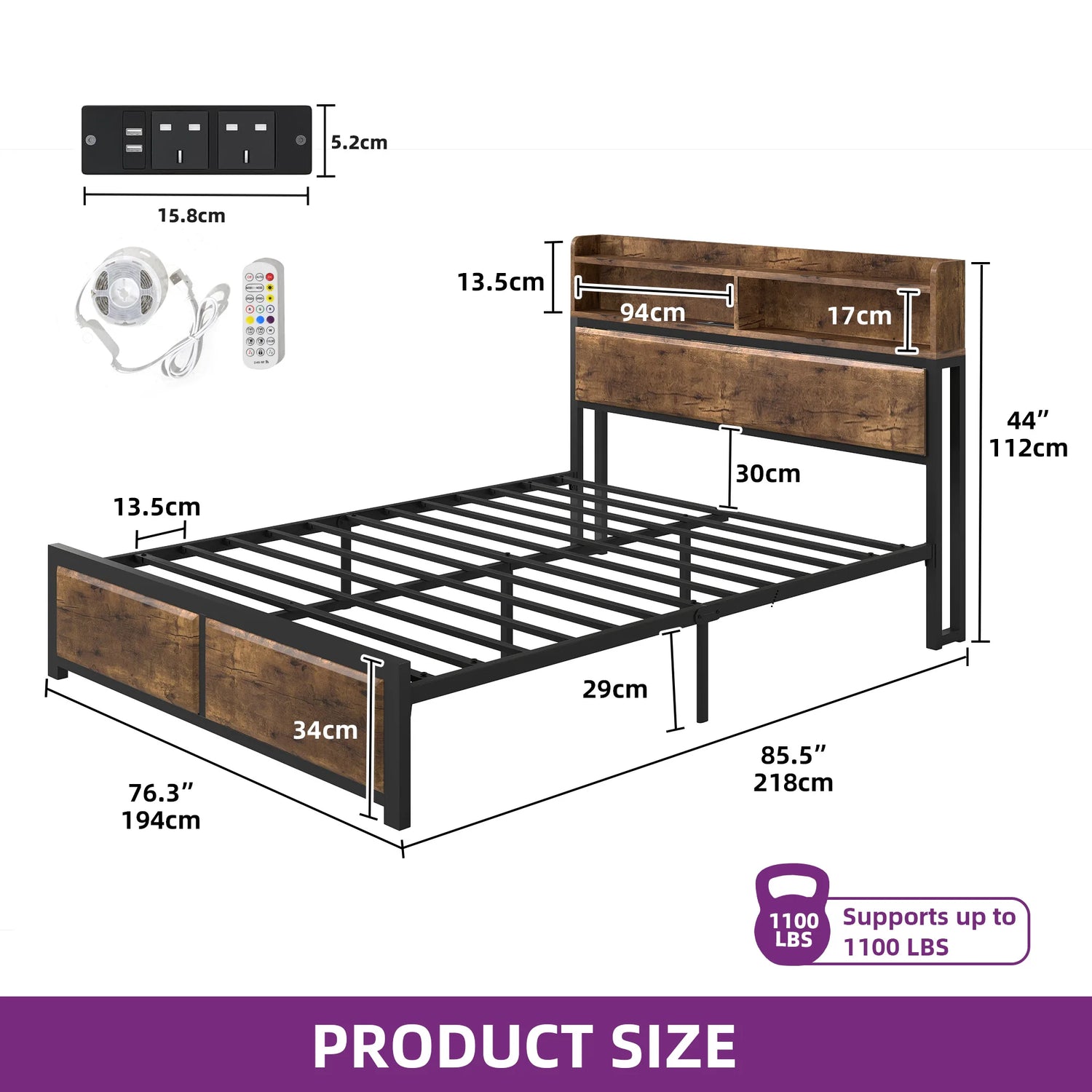 Détail des étagères de rangement à 2 niveaux sur la tête de lit