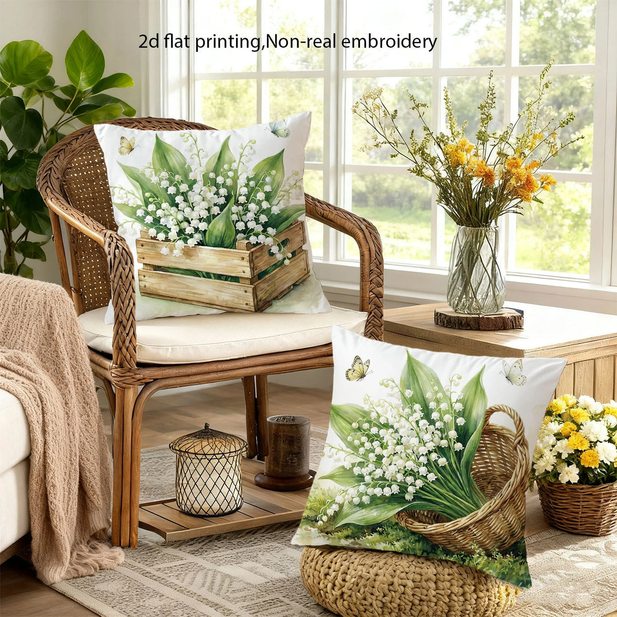 taies d'oreiller fleurs blanches rustiques lit maison panier bois naturel polyester blanc vert beige
