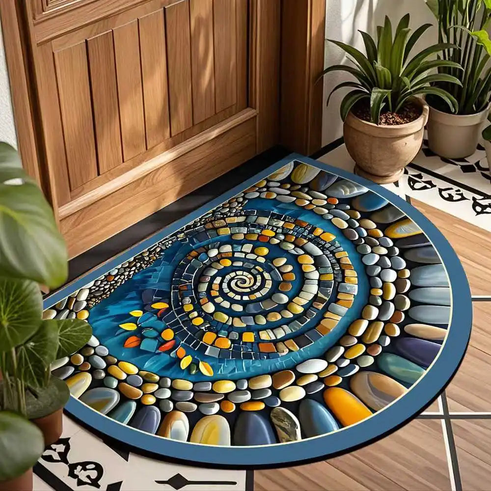 tapis d'entrée moderne bleu orange marron spirale antidérapant facile entretenir intérieur extérieur