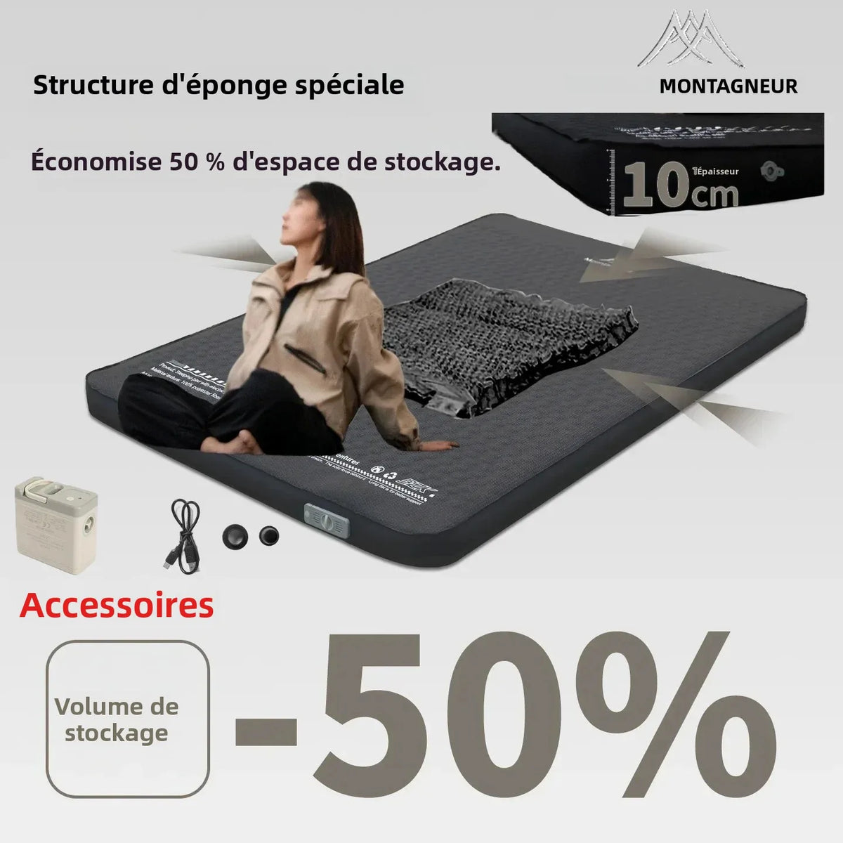 matelas gonflable double coussins gonflables pompe électrique noir vert beige cellules hexagonales camping randonnée