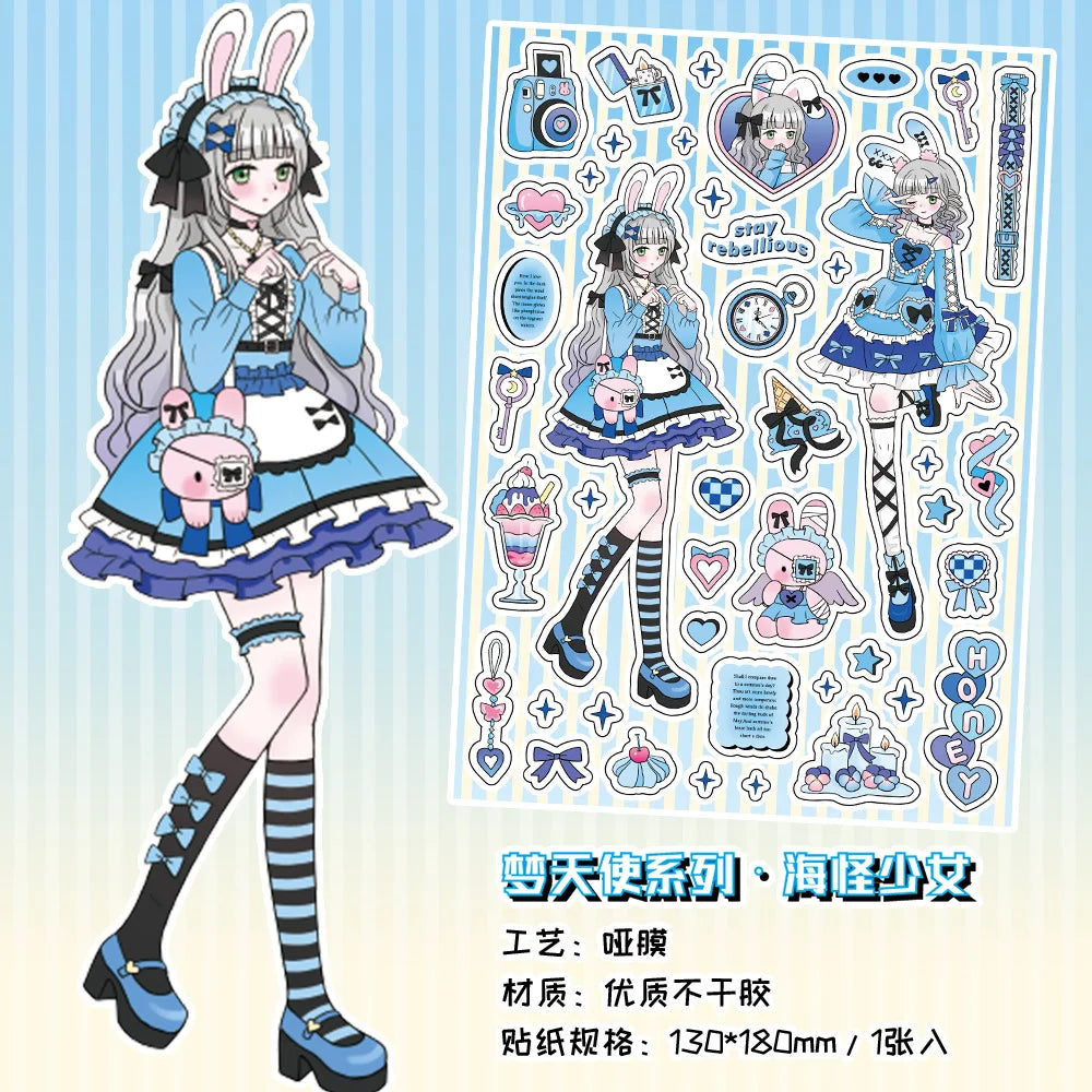 sticker kawaii fille personnages coeurs geometrique textes rose bleu violet doux