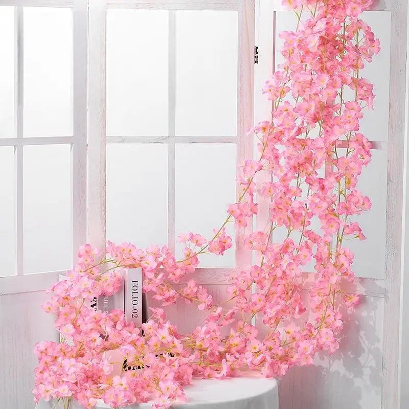 guirlande fleurs artificielles rose clair 1m8 décoration romantique intérieur 135 fleurs rangée