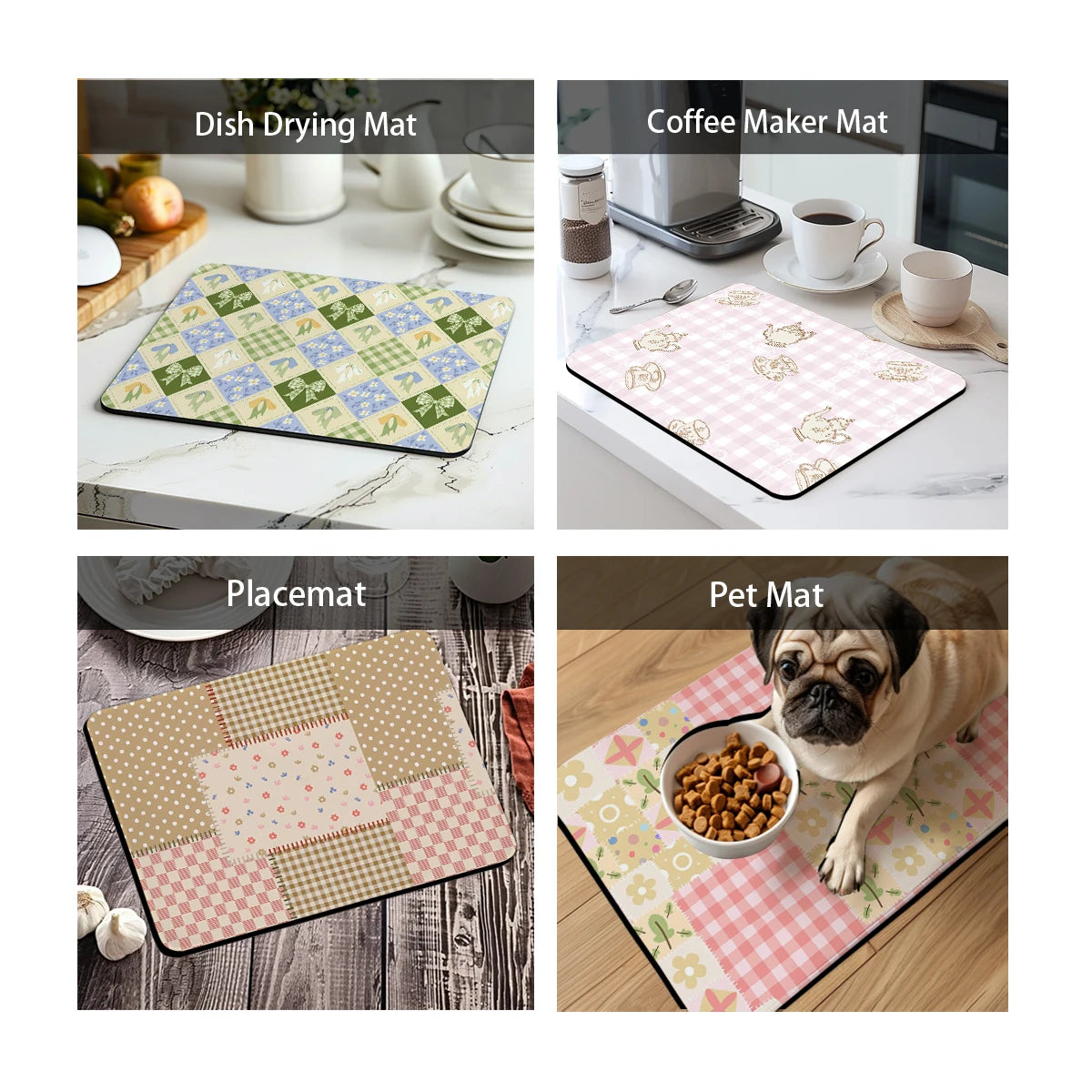tapis cuisine absorbant polyestère patchwork motifs fleurs carreaux géométriques rose clair vert bleu