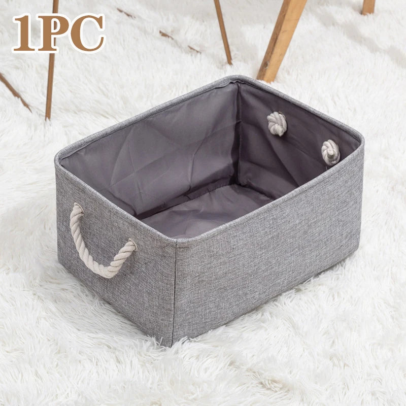 paniers rangement toile lin gris bleu rose beige pliables réutilisables moderne rustique poignées corde