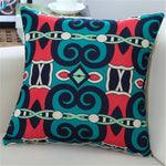 housse coussin imprimée moderne motifs géométriques bleu rouge noir 45x45cm
