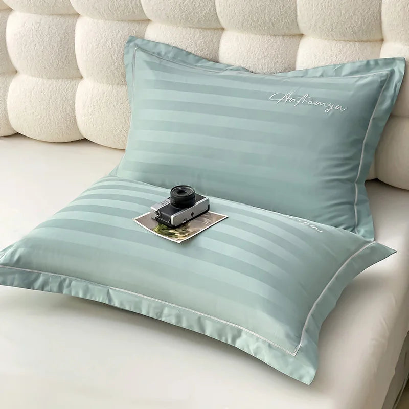 taies d'oreiller coton jacquard rayées élégantes lettres brodées blanc gris jaune bleuclair