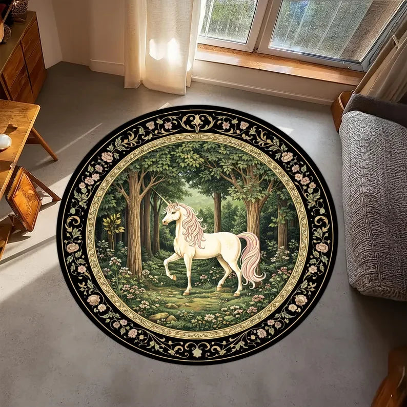 tapis rond unicorne forêt noir blanc vert rose deco moderne salon chambreextérieur