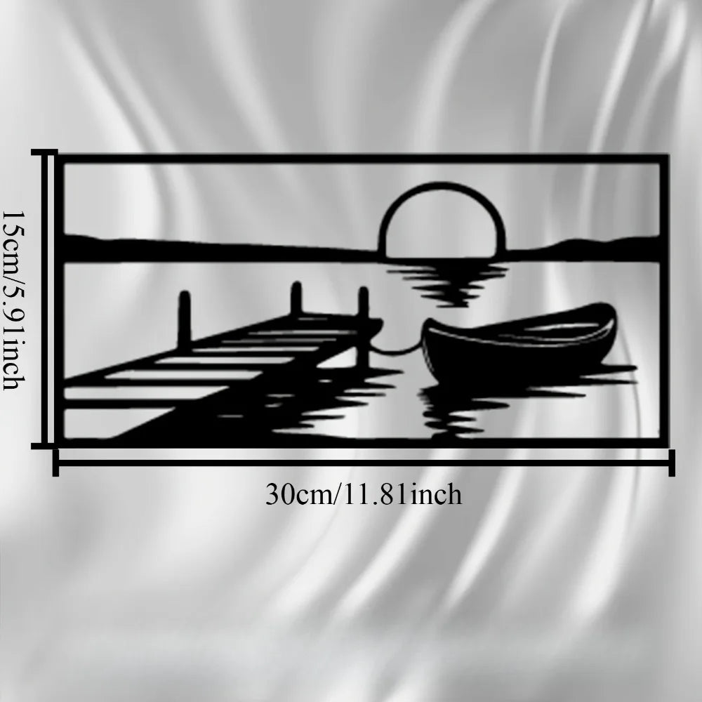 tableau mural paysage lac noir soleil couchant bateau quai minimaliste moderneintérieur décoration art marine