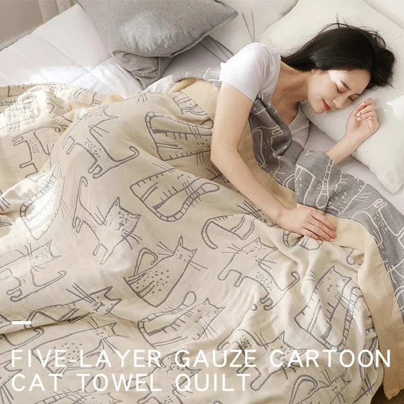 couverture coton imprimée chats moderne beige gris été portable hospitalisée voyage adultes