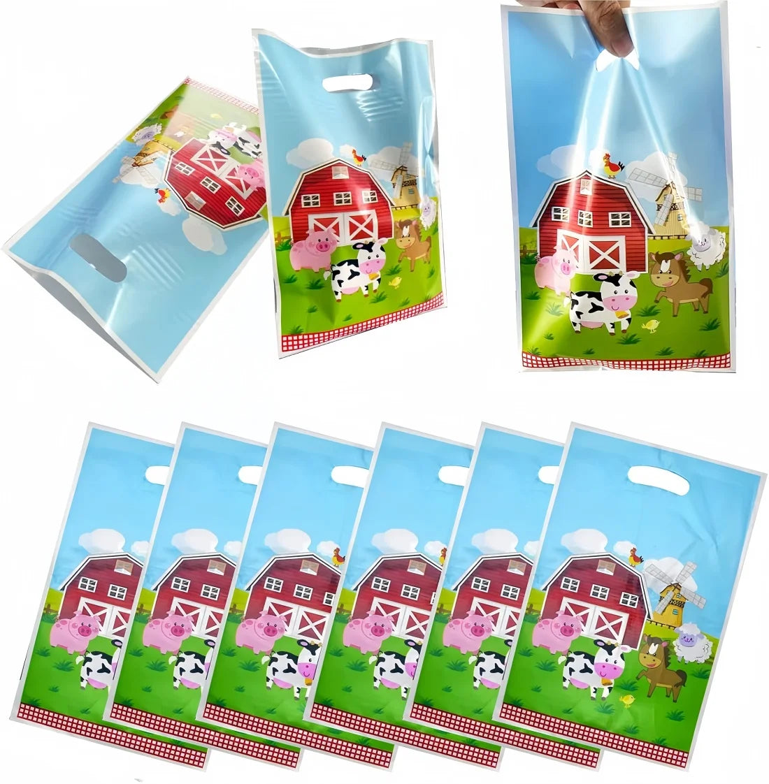sacs main illustration animaux ferme bleu clair rouge vert blanc rose jaune dessin animé