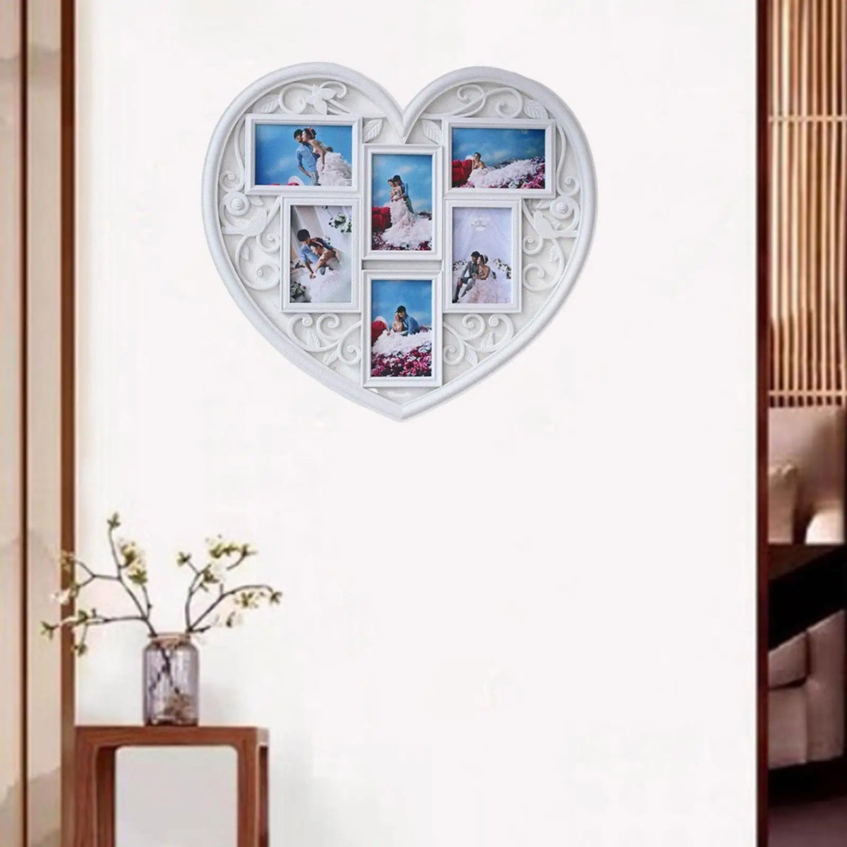 cadre photo cœur blanc décoration florale baroque romantique 53x58cm multiphotosintérieurvisible