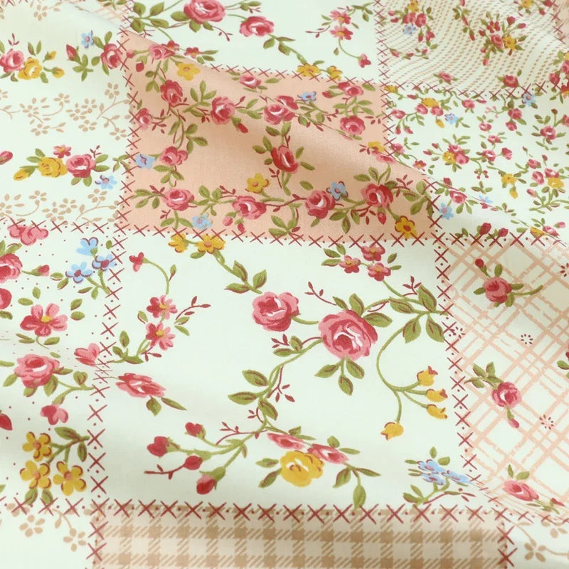 tissu coton imprimé fleurs carreaux blanc rose vert bleu jaune vintage 235cm popeline sergé
