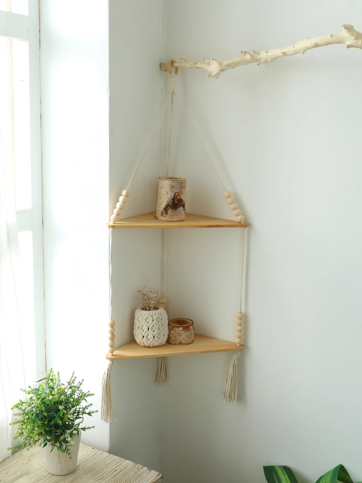 étagère suspendue bois macramé boho plante artificielle vase blanc chambre salon bedroom livingroom