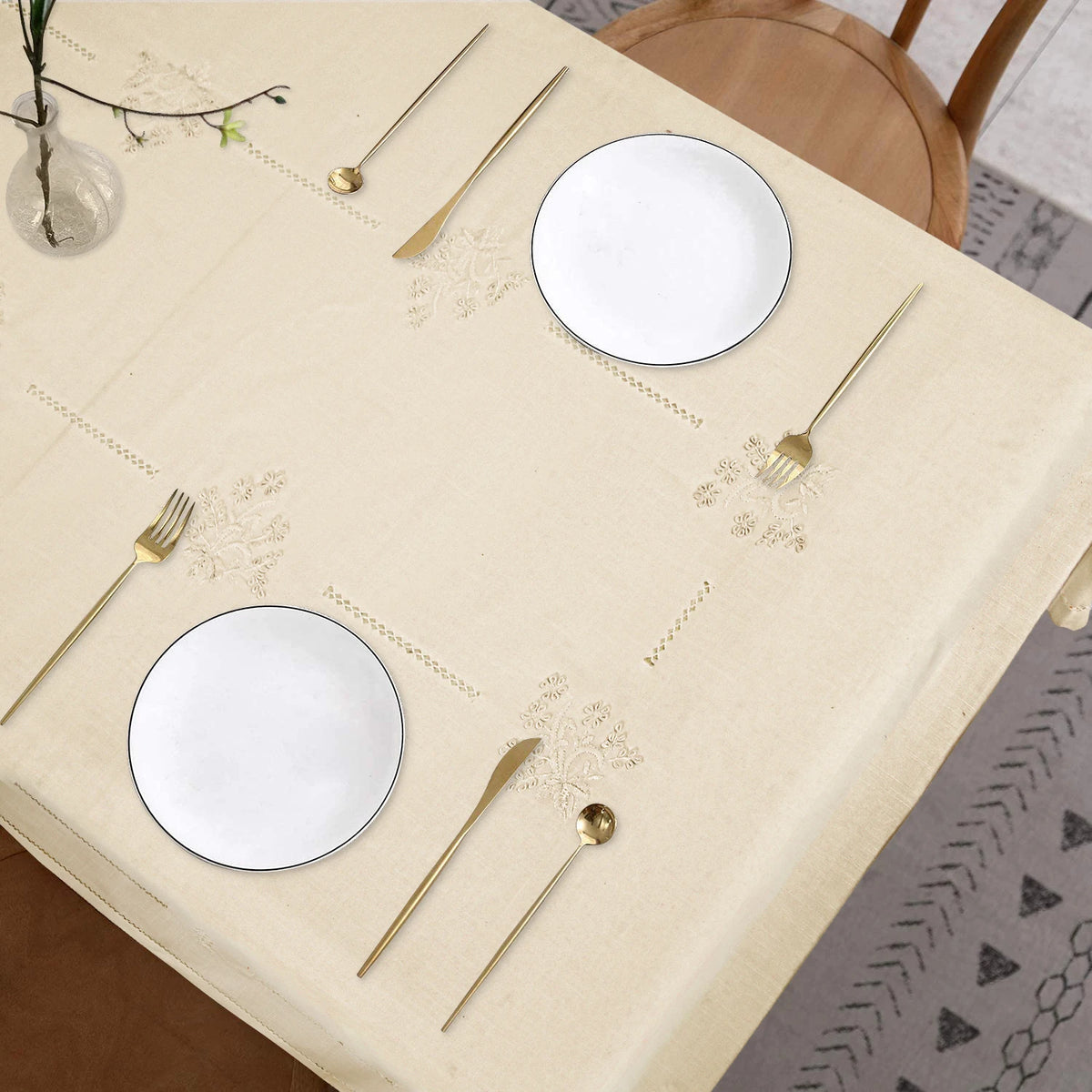 nappe coton brodée blanche beige bleu table élégante mariage fête printemps été