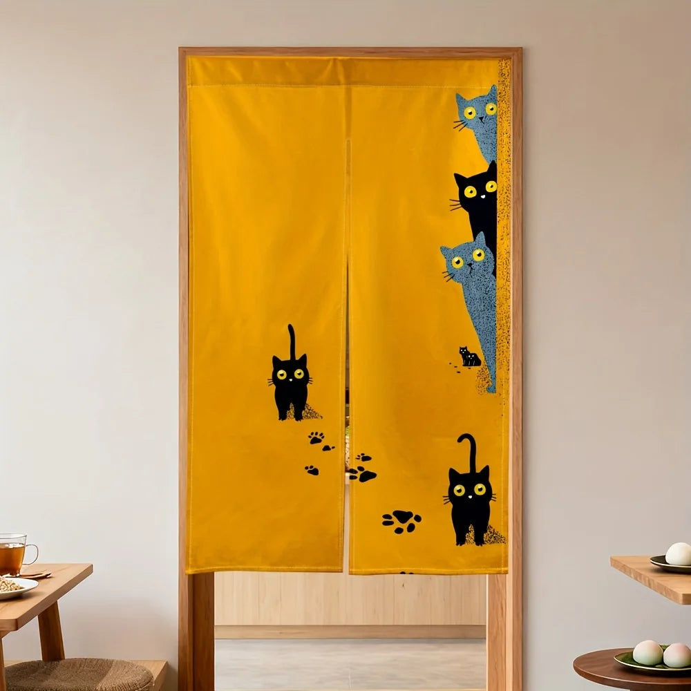 rideau moderne chatons noirs bleus yeux jaunes fond uni 100 polyester opacité maison