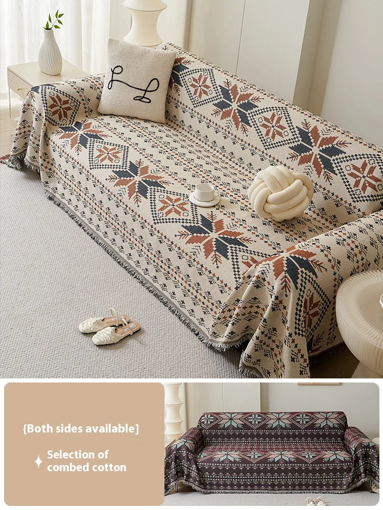couverture canapé beige bleu marine orange motif jacquard ethnique extensible réversible machine automne hiver