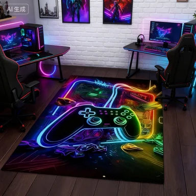 tapis polyester antidérapant motif jeux vidéo néon gaming moderne violet rose bleu