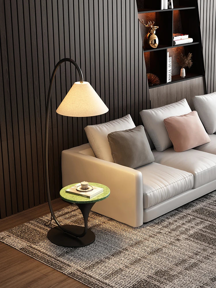 lampe sol moderne bois fer noir beige conique opaques led vde