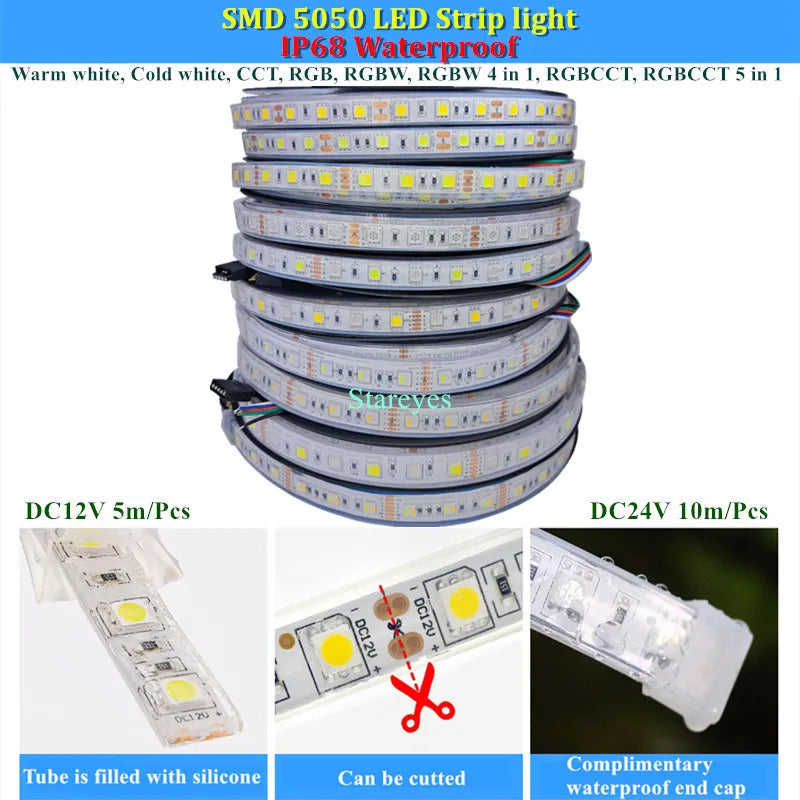 ruban led smd 5050 60 led blanc chaud ip68 étanche adhésif moderne extérieur piscine