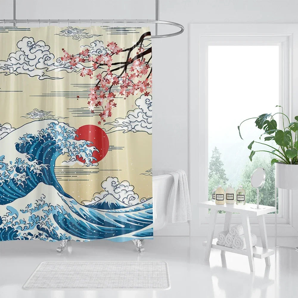 rideau douche imprimé vague japonais ourlet standard polyester opaque moderne tringle respectueux environnement