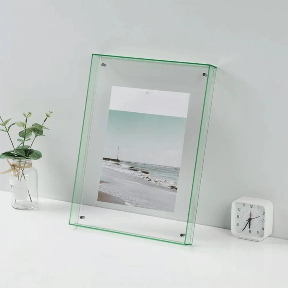 cadre photo mural moderne transparent jaune orange gris vert bleu rose suspension vis fixe
