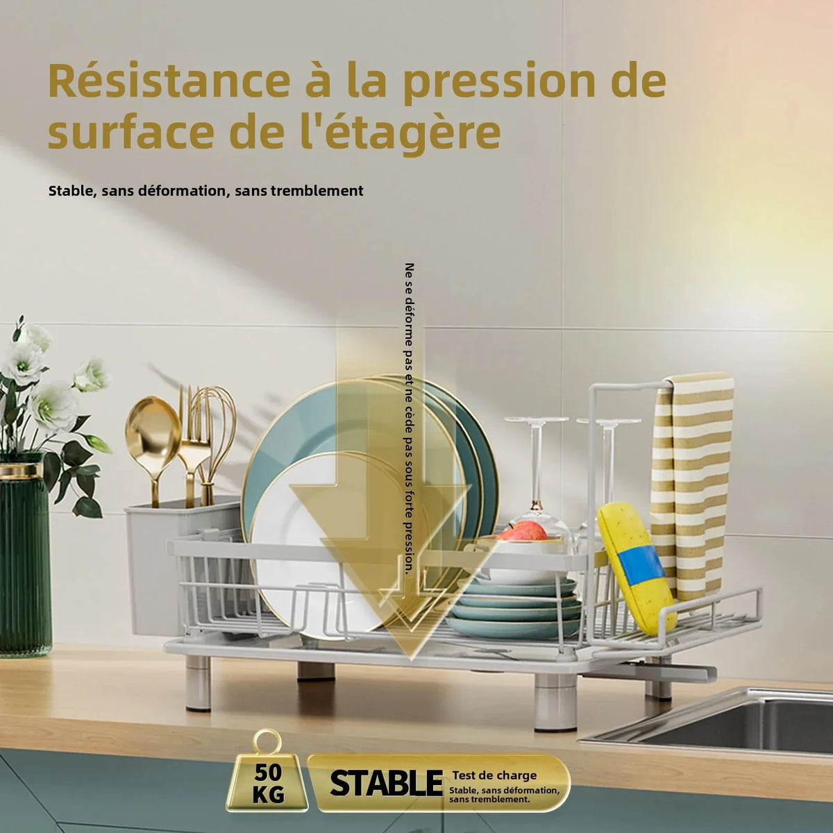 égouttoir vaisselle acier inoxydable éponge porte serviettes bac récupération moderne grisclair rondes dorées pieds