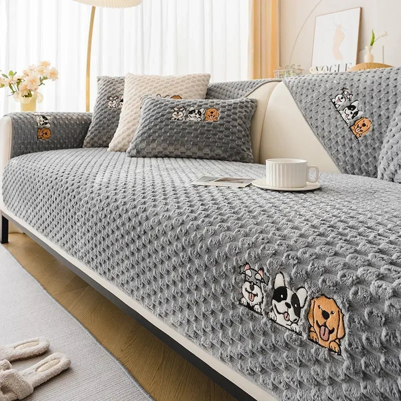 housse canapé coussins motif chien peluche douce salon gris beige clair