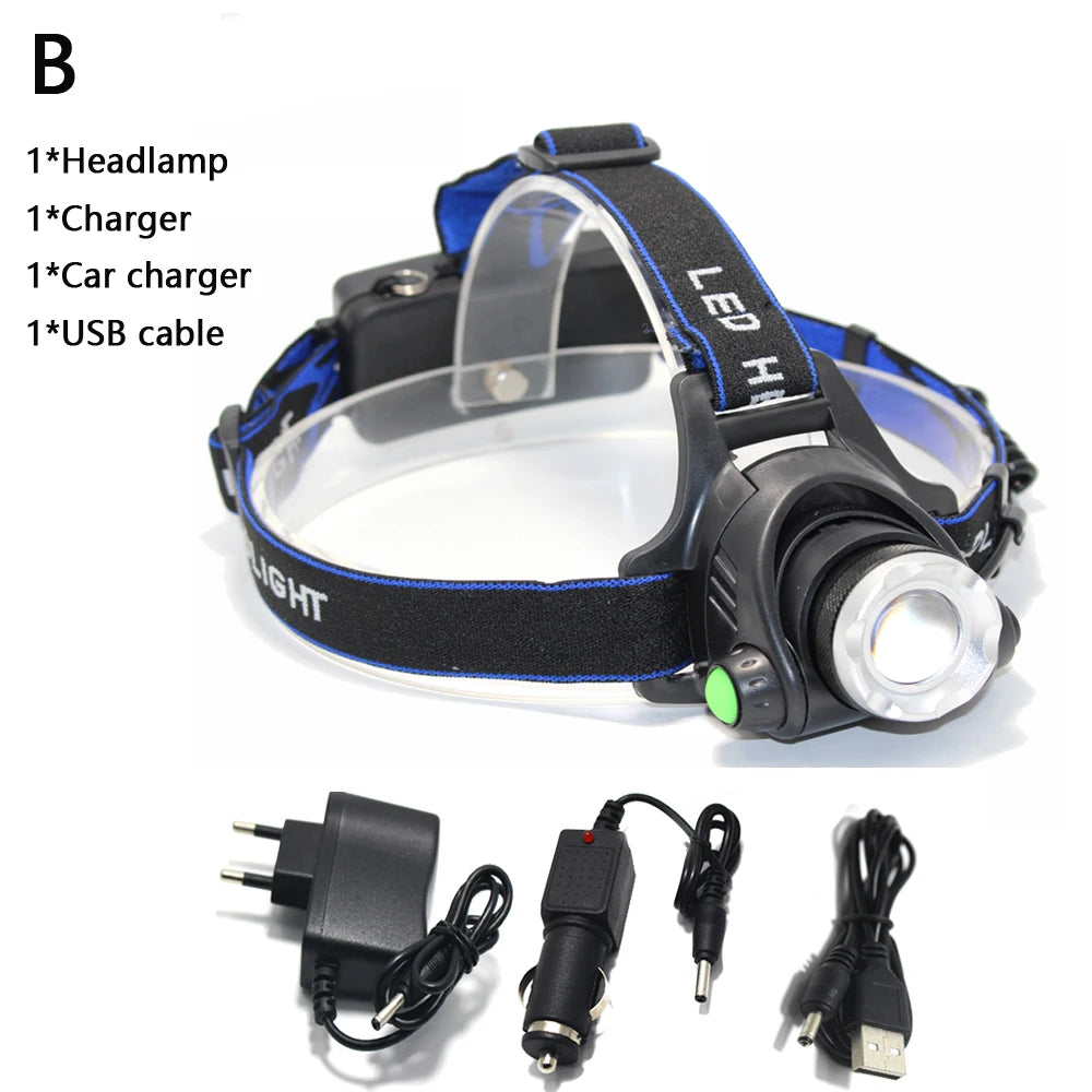 lampe frontale led rechargeable noir bleu rayures diagonales verre transparent mode zoom camping
