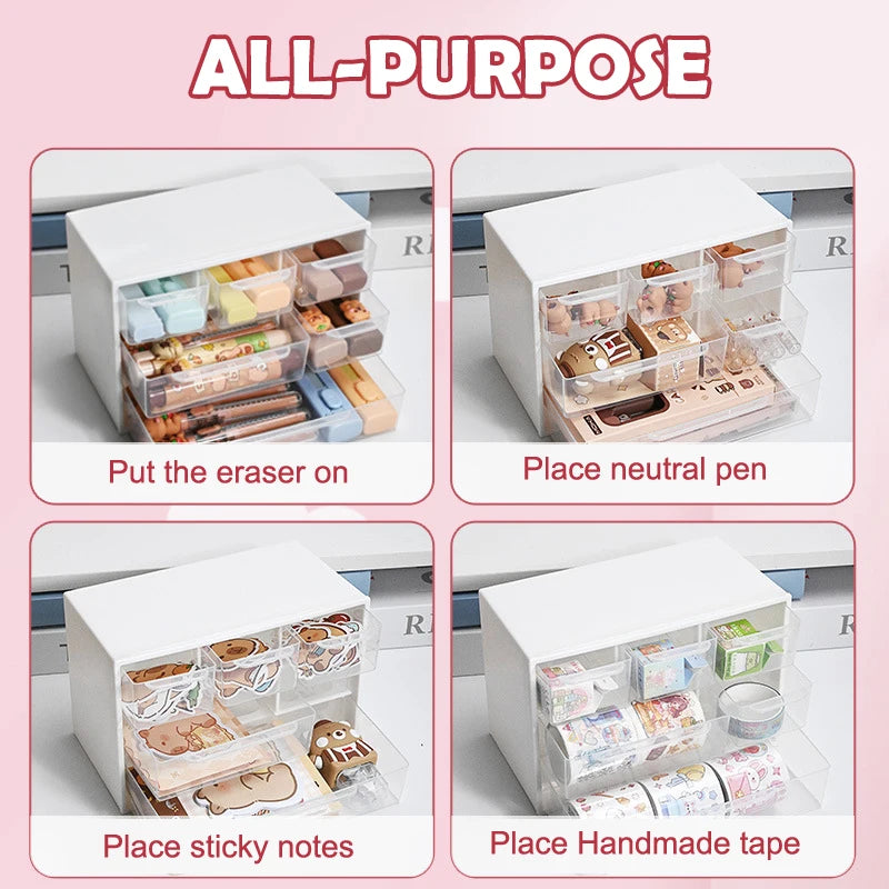 boîtes rangement tiroirs transparentes violet rose blanc organisation pratique moderne