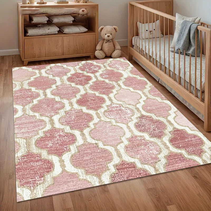 tapis moderne rose clair motif géométrique polyester antidérapant salon chambre coucher